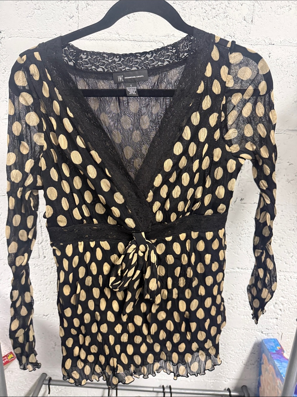INC International Concepts Black and Gold Polka Dot Lace Wrap Tunic Size Small